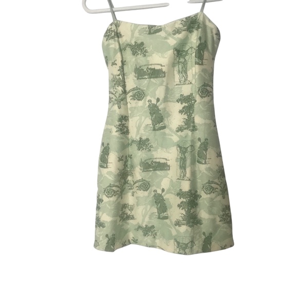 Green Cream Slip Dress – Spaghetti Strap Vintage Scenic Toile Print Sundress - Picture 1 of 8
